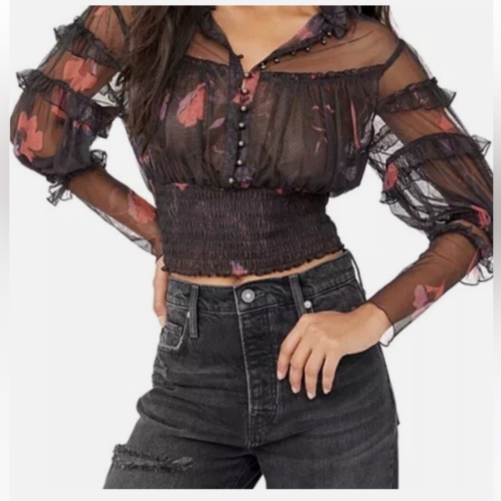 Free People Sheer Floral Smocked Top – Size Large
